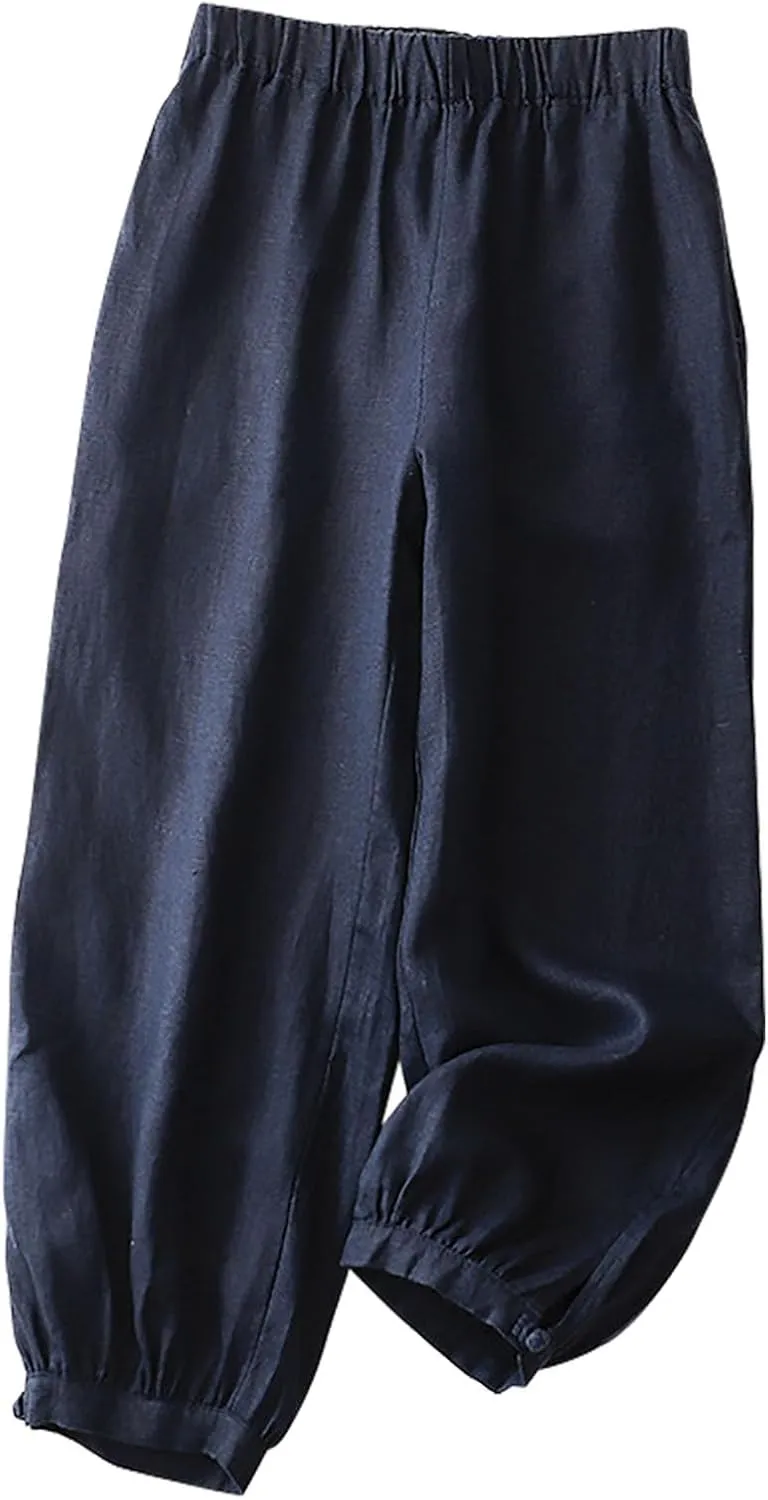Women's Vintage Linen Pants, 2025 Summer Comfy Baggy Beach Trousers Palazzo Lounge Pants with Pockets