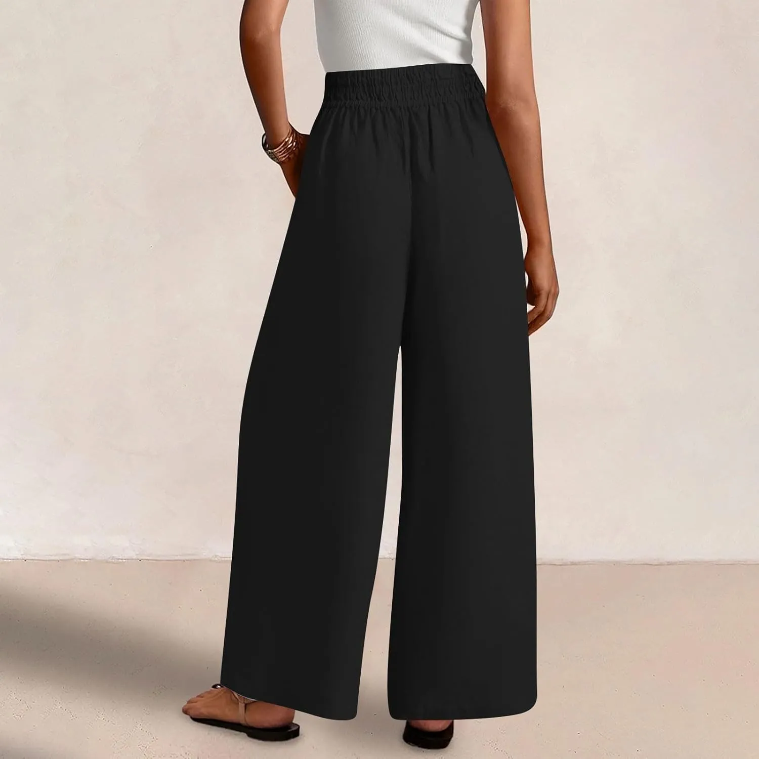 Womens Wide Leg Linen Pants Palazzo Pants with Pockets Smocked Elastic Waist Casual Trousers Summer Bottoms