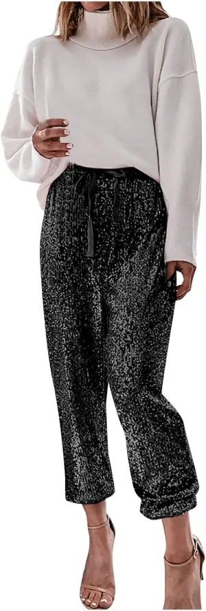 Women's Wide Leg Pants Women's High Waisted Sequin Loose Drape Wide Leg Pants Fashion Casual Bling Glitter Trousers