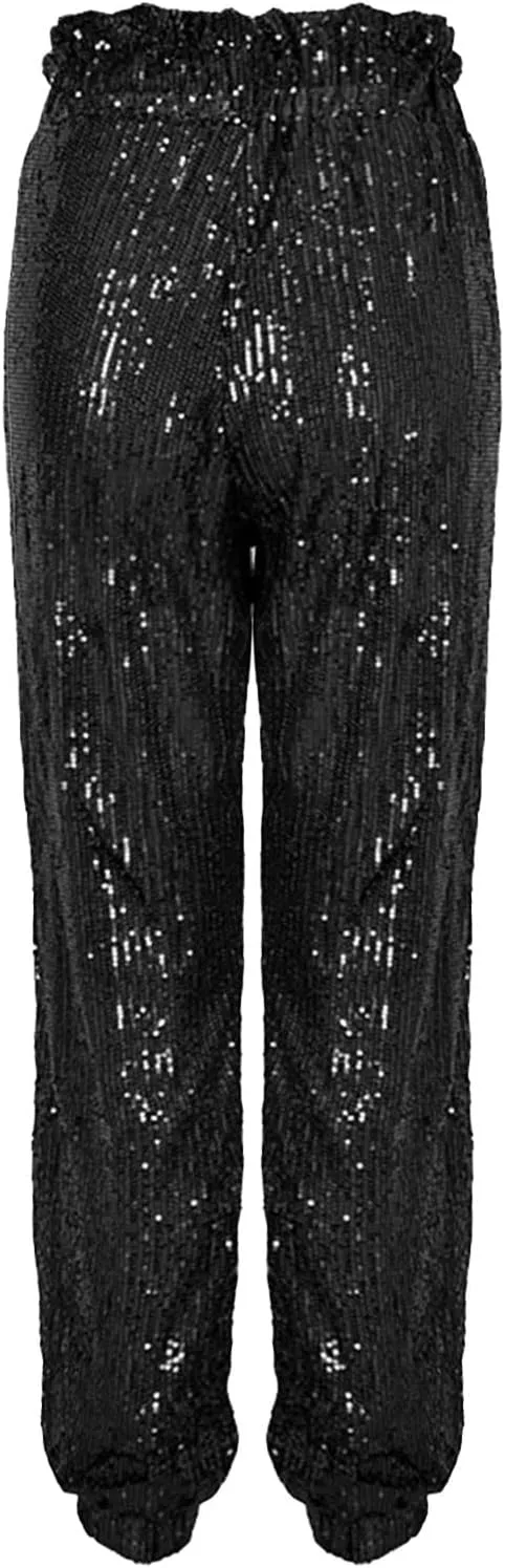 Women's Wide Leg Pants Women's High Waisted Sequin Loose Drape Wide Leg Pants Fashion Casual Bling Glitter Trousers