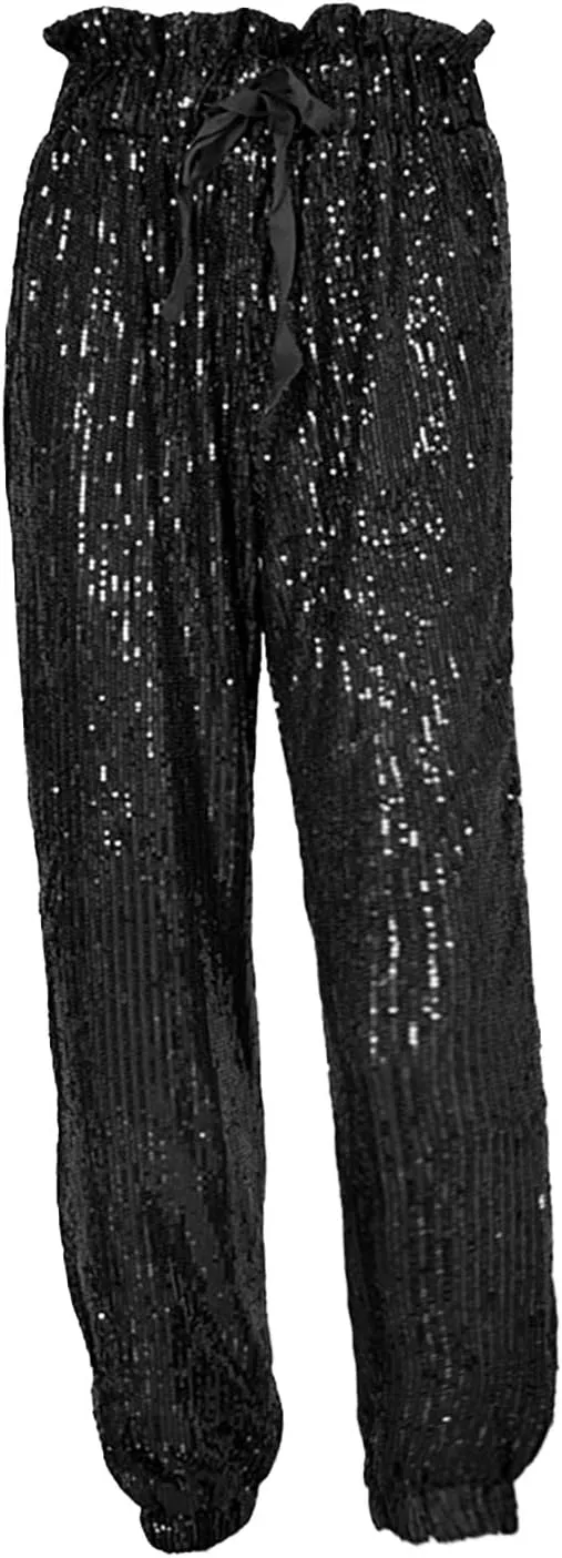 Women's Wide Leg Pants Women's High Waisted Sequin Loose Drape Wide Leg Pants Fashion Casual Bling Glitter Trousers