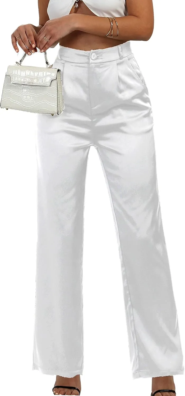 Women's Wide Leg Satin Silky Casual Dress Cocktail Party High Waist Pants