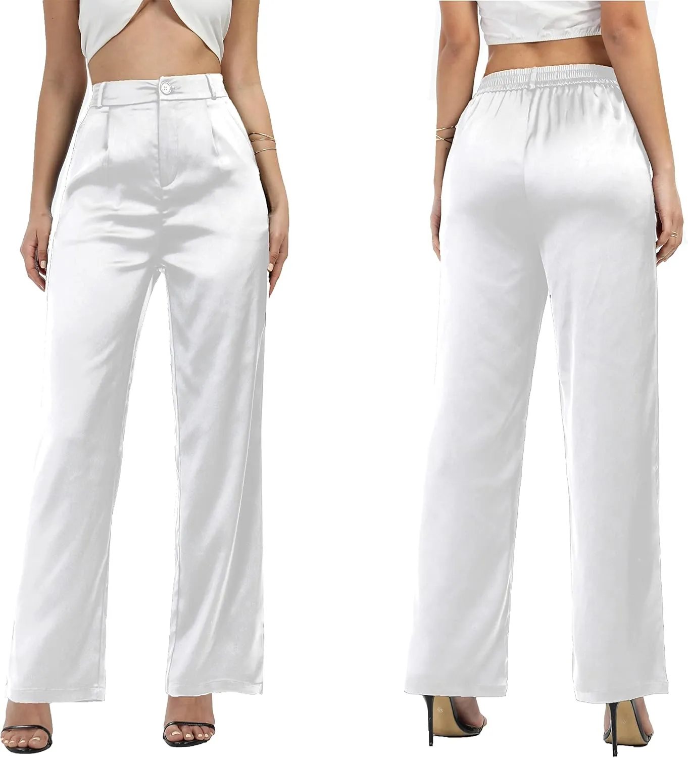 Women's Wide Leg Satin Silky Casual Dress Cocktail Party High Waist Pants