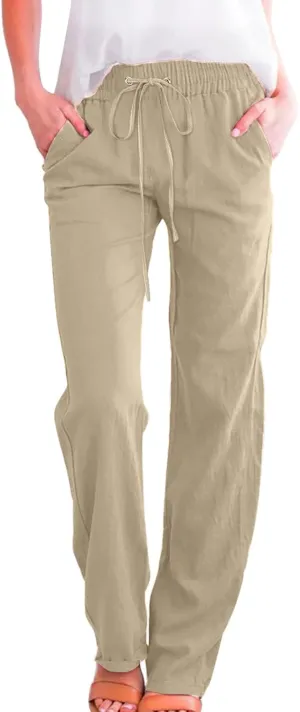 Women's Wide Leg Trousers Drawstring Causal Solid Color Long Pants Summer Comfy Classic Basic Lounge Pants with Pockets