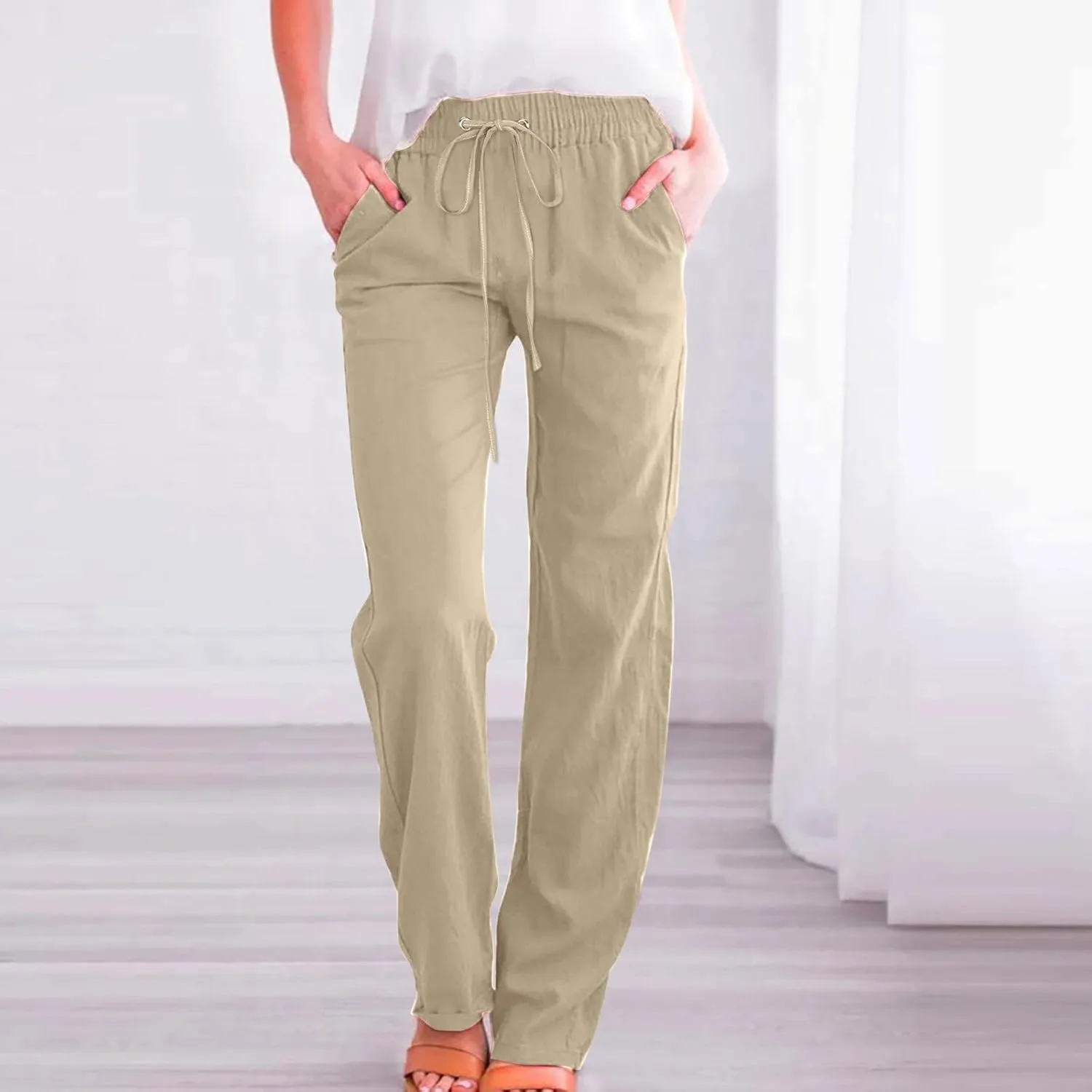 Women's Wide Leg Trousers Drawstring Causal Solid Color Long Pants Summer Comfy Classic Basic Lounge Pants with Pockets