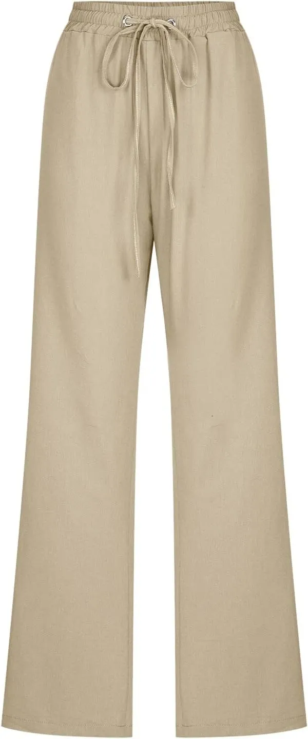Women's Wide Leg Trousers Drawstring Causal Solid Color Long Pants Summer Comfy Classic Basic Lounge Pants with Pockets
