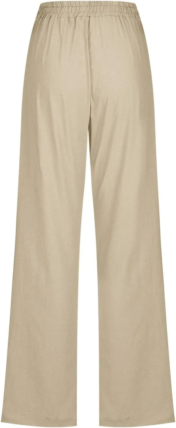 Women's Wide Leg Trousers Drawstring Causal Solid Color Long Pants Summer Comfy Classic Basic Lounge Pants with Pockets