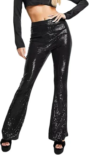XBTCLXEBCO Sequin Wide Leg Pants for Women High Waist Loose Shiny Glitter Palazzo Pants Sparkle Trousers Disco Clubwear