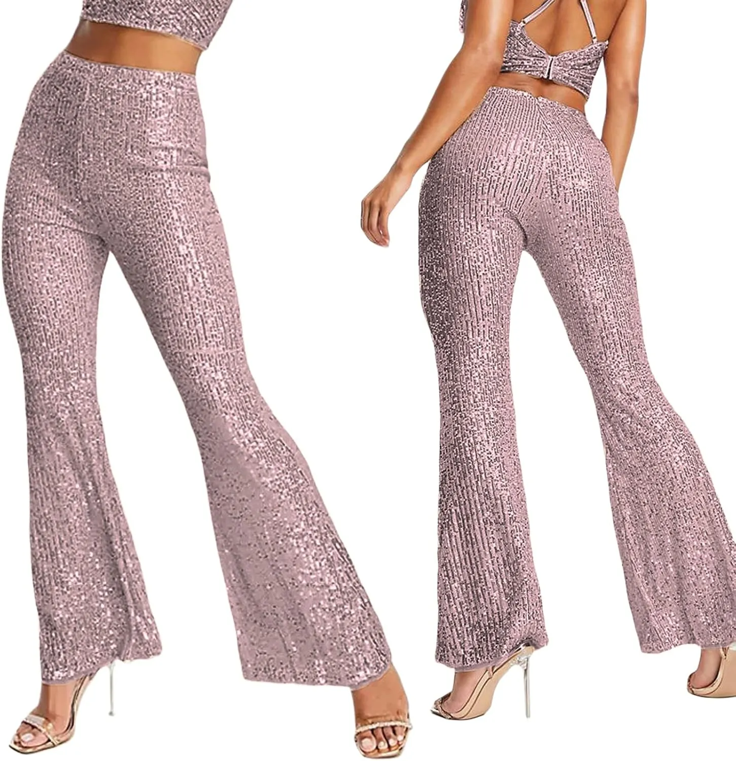 XBTCLXEBCO Sequin Wide Leg Pants for Women High Waist Loose Shiny Glitter Palazzo Pants Sparkle Trousers Disco Clubwear