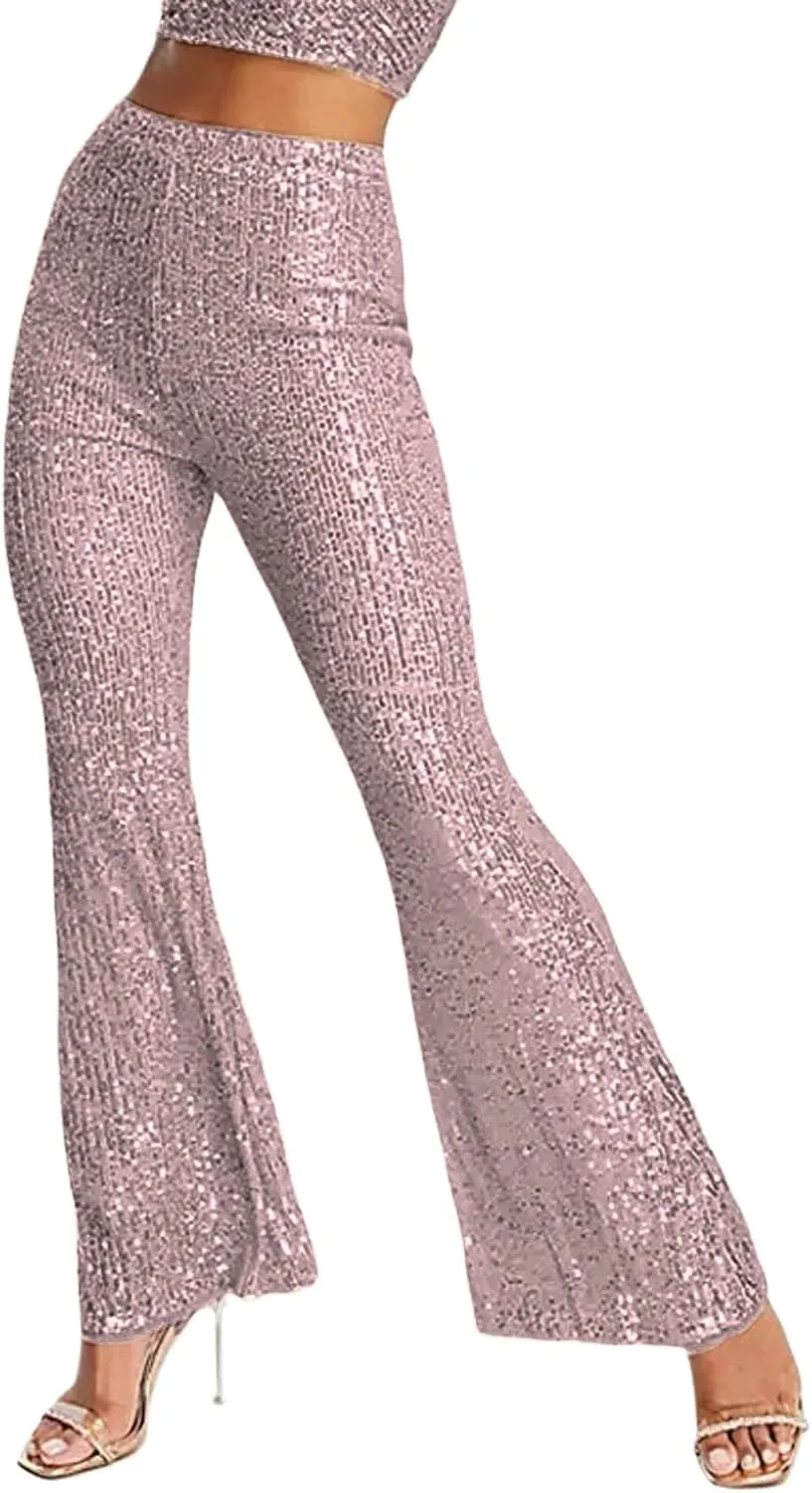 XBTCLXEBCO Sequin Wide Leg Pants for Women High Waist Loose Shiny Glitter Palazzo Pants Sparkle Trousers Disco Clubwear