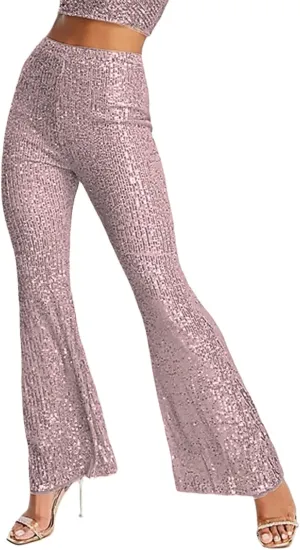 XBTCLXEBCO Sequin Wide Leg Pants for Women High Waist Loose Shiny Glitter Palazzo Pants Sparkle Trousers Disco Clubwear