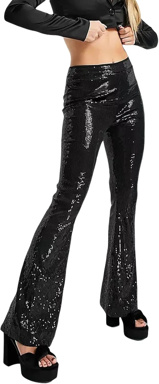XBTCLXEBCO Sequin Wide Leg Pants for Women High Waist Loose Shiny Glitter Palazzo Pants Sparkle Trousers Disco Clubwear