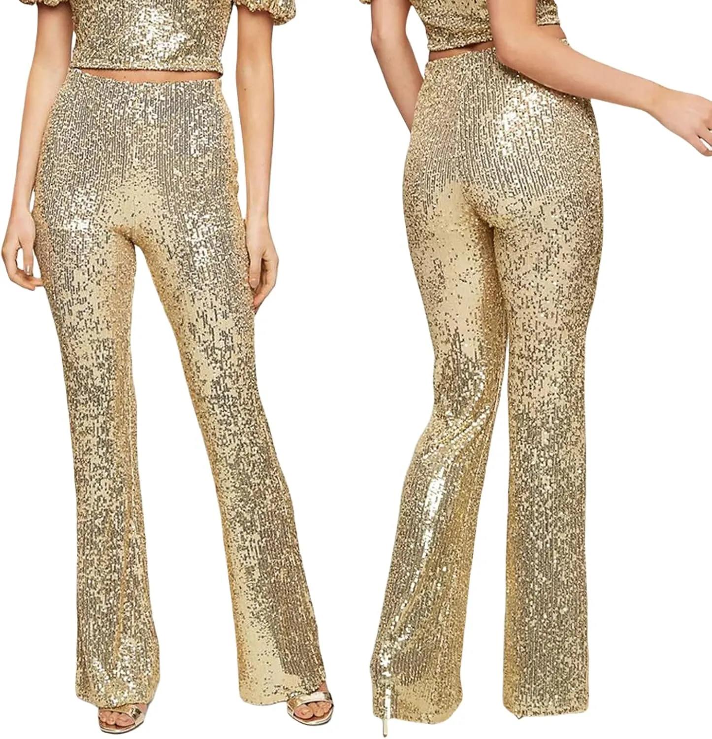 XBTCLXEBCO Sequin Wide Leg Pants for Women High Waist Loose Shiny Glitter Palazzo Pants Sparkle Trousers Disco Clubwear
