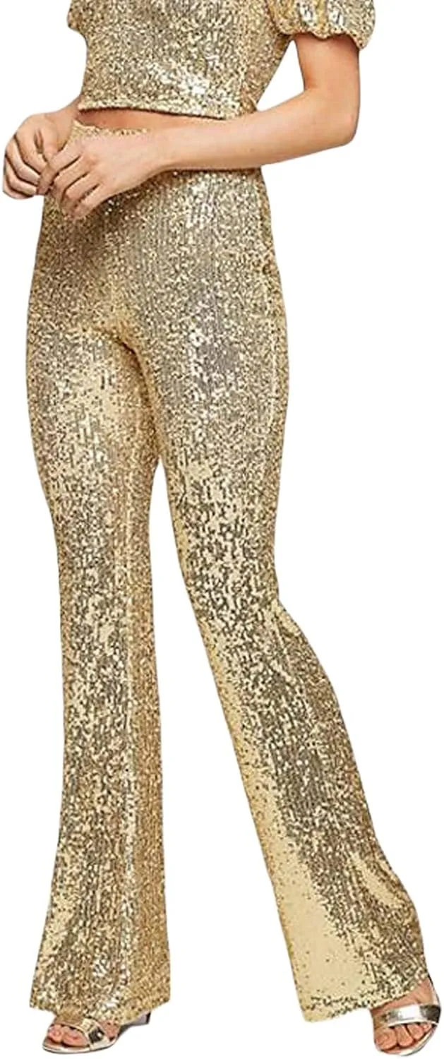 XBTCLXEBCO Sequin Wide Leg Pants for Women High Waist Loose Shiny Glitter Palazzo Pants Sparkle Trousers Disco Clubwear