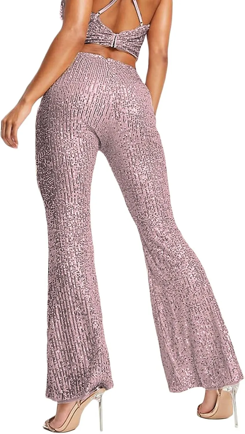 XBTCLXEBCO Sequin Wide Leg Pants for Women High Waist Loose Shiny Glitter Palazzo Pants Sparkle Trousers Disco Clubwear