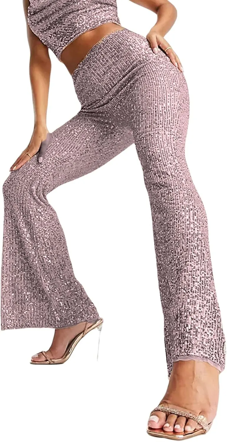 XBTCLXEBCO Sequin Wide Leg Pants for Women High Waist Loose Shiny Glitter Palazzo Pants Sparkle Trousers Disco Clubwear