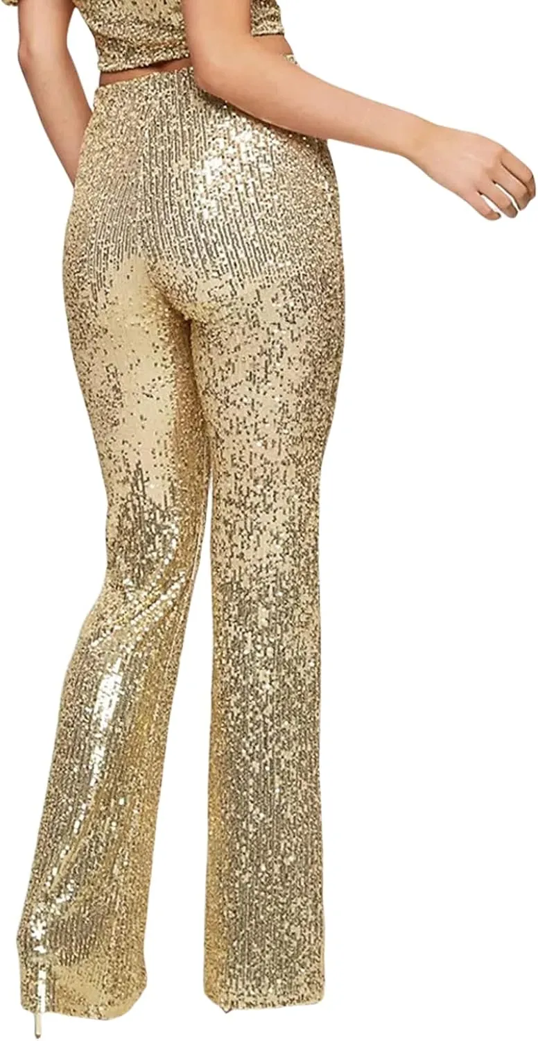 XBTCLXEBCO Sequin Wide Leg Pants for Women High Waist Loose Shiny Glitter Palazzo Pants Sparkle Trousers Disco Clubwear