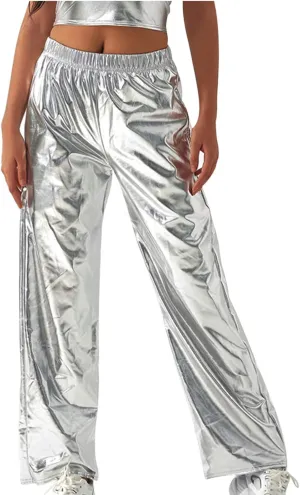 XUNRYAN Womens Shiny Metallic High Waist Stretchy Jogger Pants Hip Hop Clubwear Trousers Sweatpant 80s Disco Concert Outfit