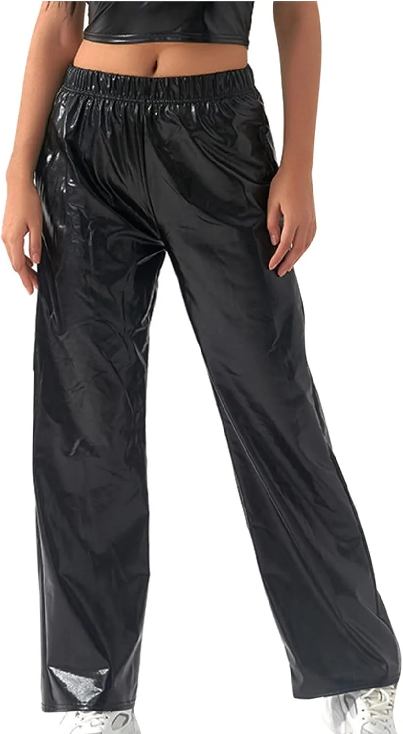 XUNRYAN Womens Shiny Metallic High Waist Stretchy Jogger Pants Hip Hop Clubwear Trousers Sweatpant 80s Disco Concert Outfit