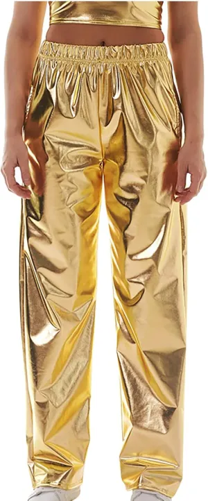 XUNRYAN Womens Shiny Metallic High Waist Stretchy Jogger Pants Hip Hop Clubwear Trousers Sweatpant 80s Disco Concert Outfit