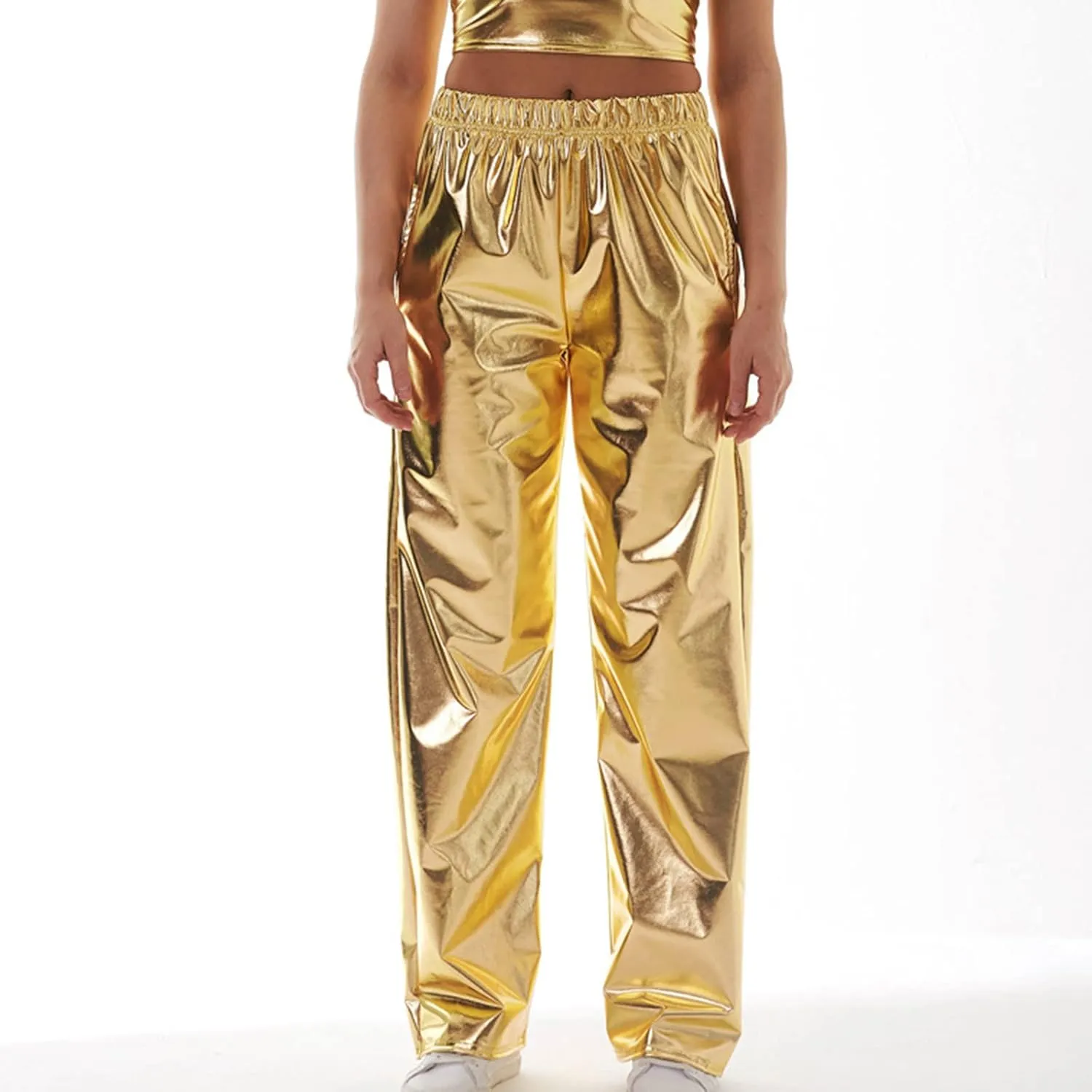 XUNRYAN Womens Shiny Metallic High Waist Stretchy Jogger Pants Hip Hop Clubwear Trousers Sweatpant 80s Disco Concert Outfit
