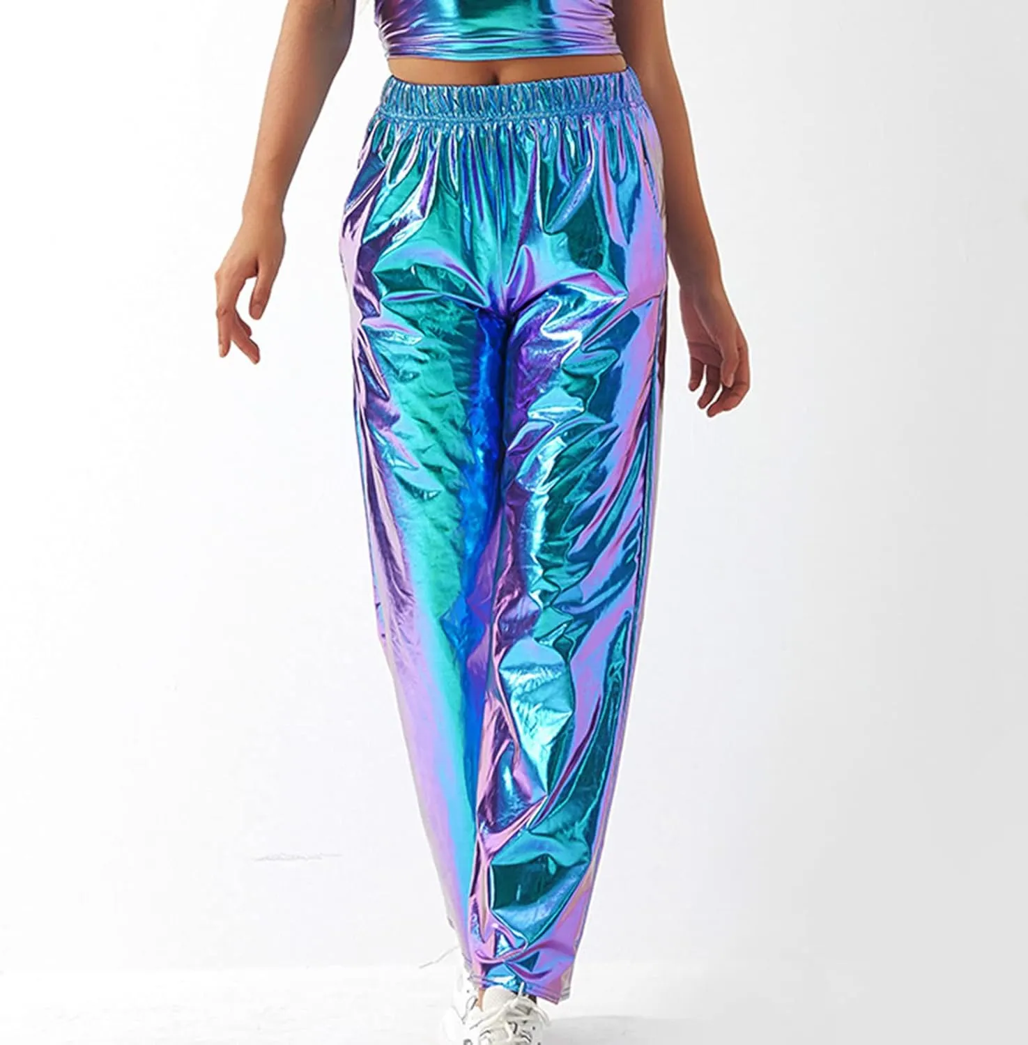 XUNRYAN Womens Shiny Metallic High Waist Stretchy Jogger Pants Hip Hop Clubwear Trousers Sweatpant 80s Disco Concert Outfit