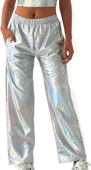 XUNRYAN Womens Shiny Metallic High Waist Stretchy Jogger Pants Hip Hop Clubwear Trousers Sweatpant 80s Disco Concert Outfit