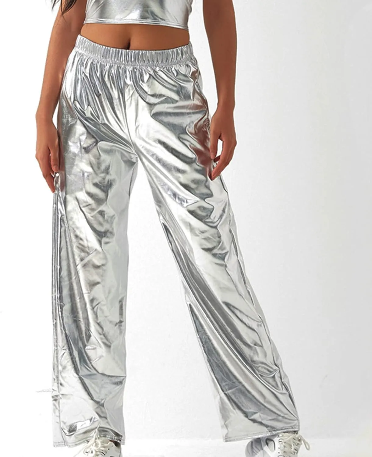 XUNRYAN Womens Shiny Metallic High Waist Stretchy Jogger Pants Hip Hop Clubwear Trousers Sweatpant 80s Disco Concert Outfit