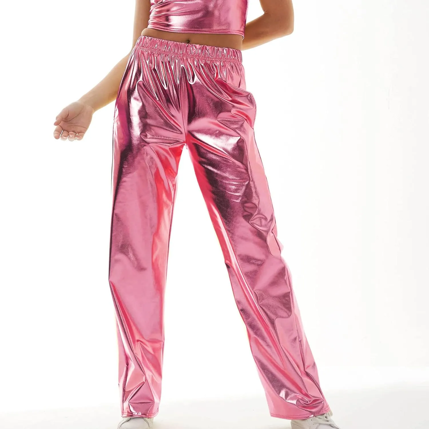 XUNRYAN Womens Shiny Metallic High Waist Stretchy Jogger Pants Hip Hop Clubwear Trousers Sweatpant 80s Disco Concert Outfit