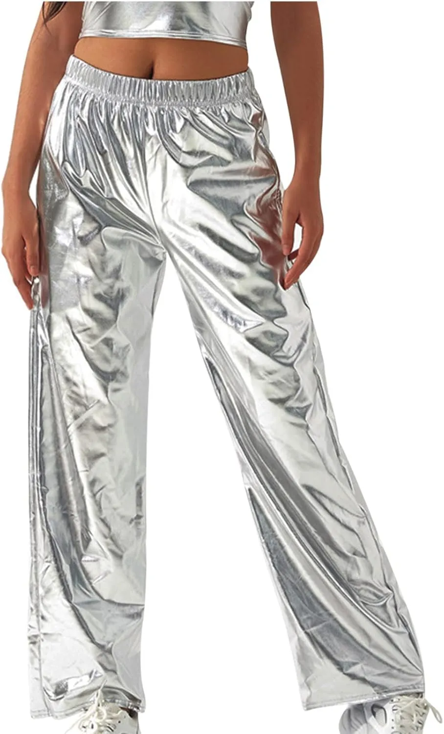 XUNRYAN Womens Shiny Metallic High Waist Stretchy Jogger Pants Hip Hop Clubwear Trousers Sweatpant 80s Disco Concert Outfit