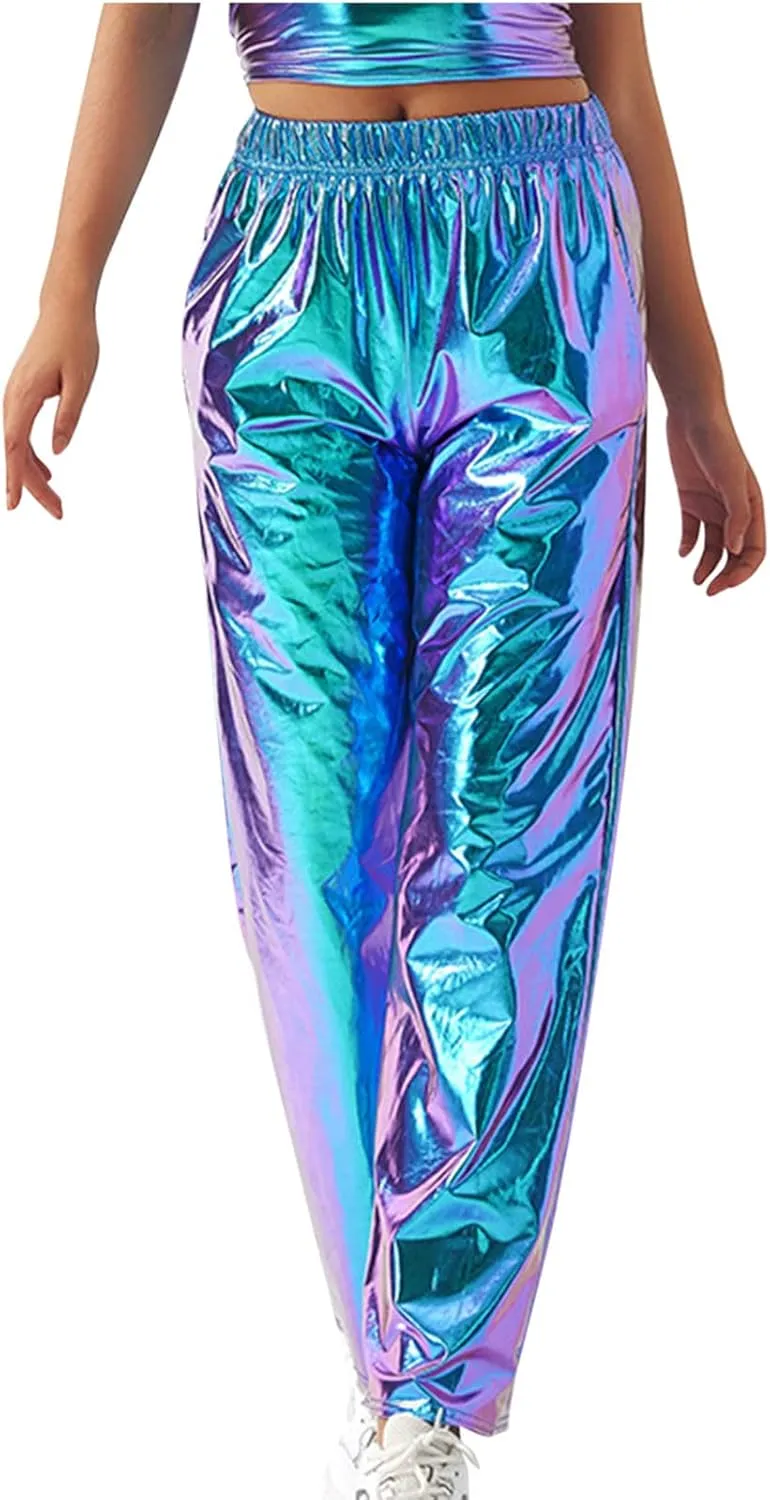 XUNRYAN Womens Shiny Metallic High Waist Stretchy Jogger Pants Hip Hop Clubwear Trousers Sweatpant 80s Disco Concert Outfit
