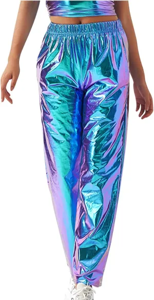 XUNRYAN Womens Shiny Metallic High Waist Stretchy Jogger Pants Hip Hop Clubwear Trousers Sweatpant 80s Disco Concert Outfit