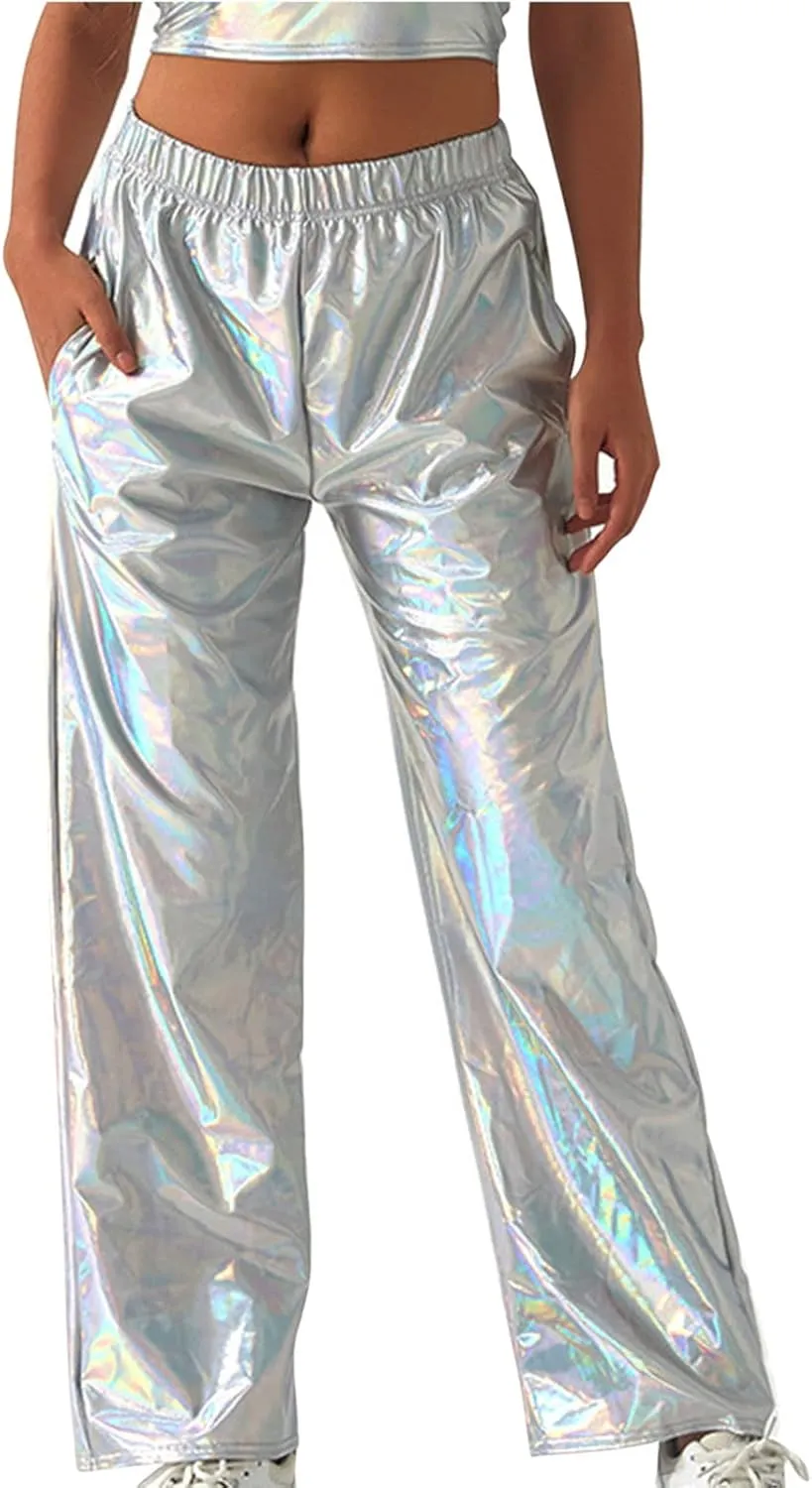 XUNRYAN Womens Shiny Metallic High Waist Stretchy Jogger Pants Hip Hop Clubwear Trousers Sweatpant 80s Disco Concert Outfit