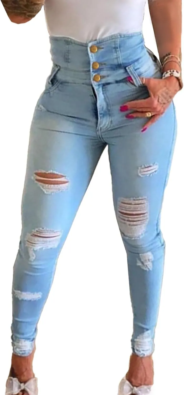 xxxiticat Women's Skinny Jeans High Waisted Ripped Stretchy Button Closure High Rise Denim Pants Slim Distressed Trousers