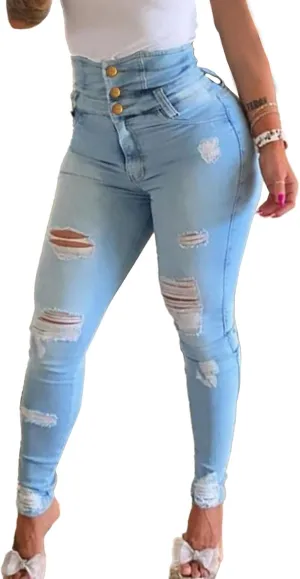 xxxiticat Women's Skinny Jeans High Waisted Ripped Stretchy Button Closure High Rise Denim Pants Slim Distressed Trousers