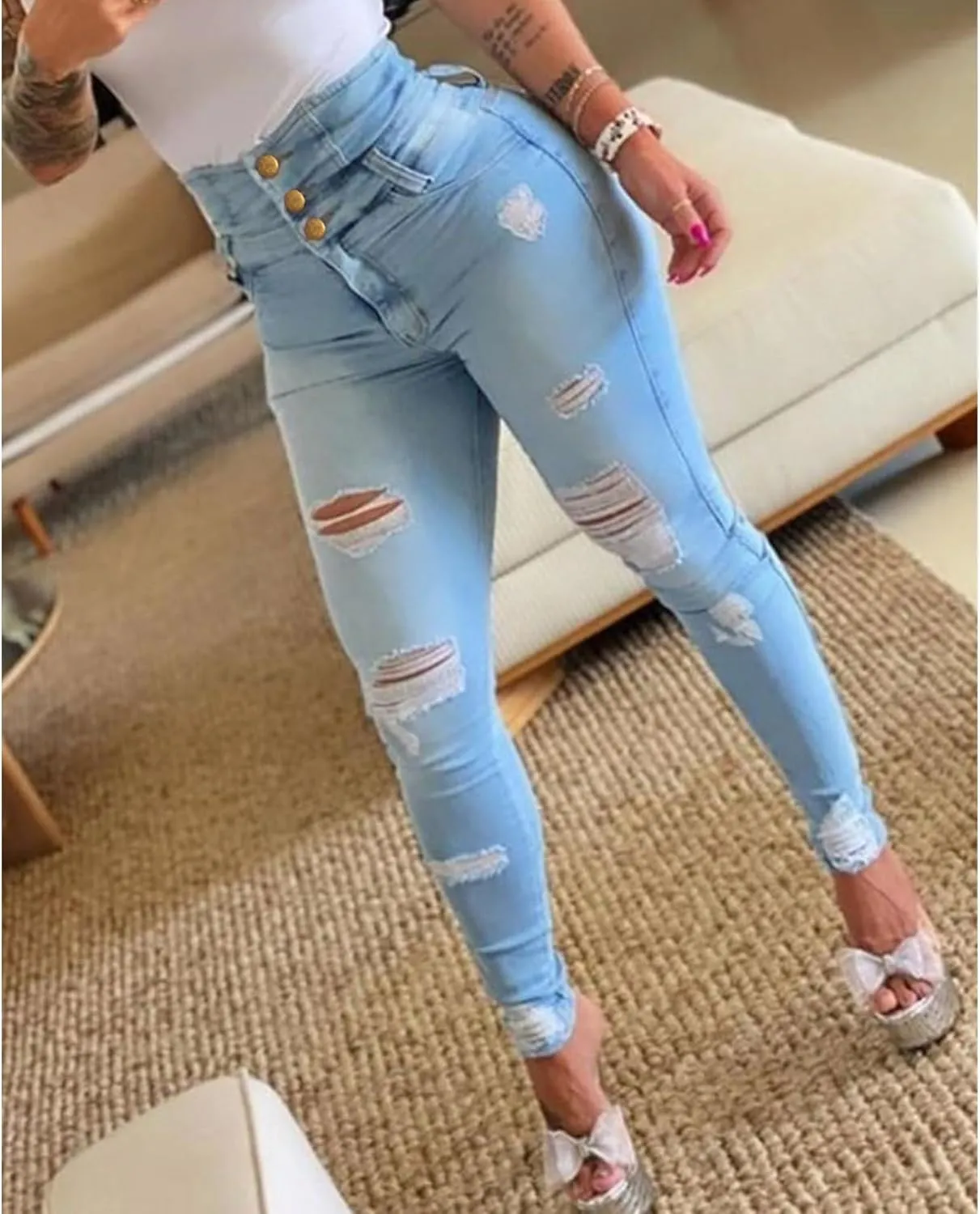 xxxiticat Women's Skinny Jeans High Waisted Ripped Stretchy Button Closure High Rise Denim Pants Slim Distressed Trousers