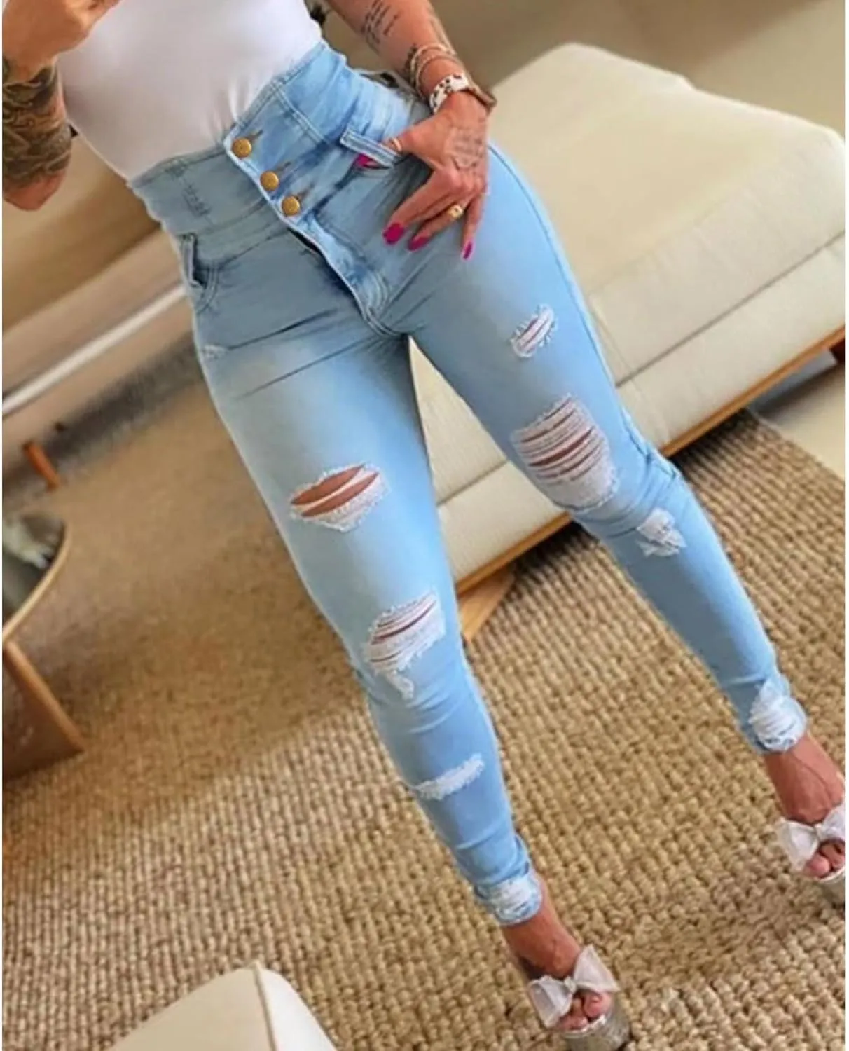 xxxiticat Women's Skinny Jeans High Waisted Ripped Stretchy Button Closure High Rise Denim Pants Slim Distressed Trousers