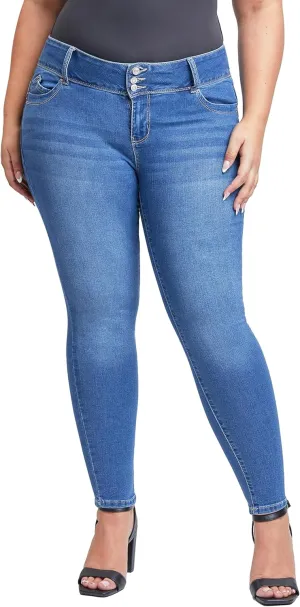 YMI Women's Junior Mid-Rise Wannabettabutt 3-Button Recycled Fibers Skinny Jeans