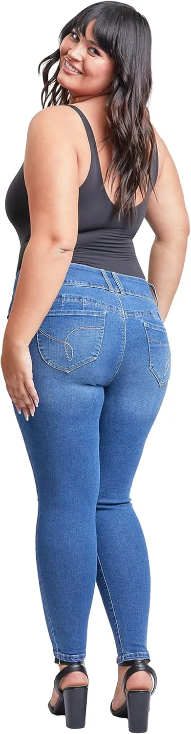 YMI Women's Junior Mid-Rise Wannabettabutt 3-Button Recycled Fibers Skinny Jeans