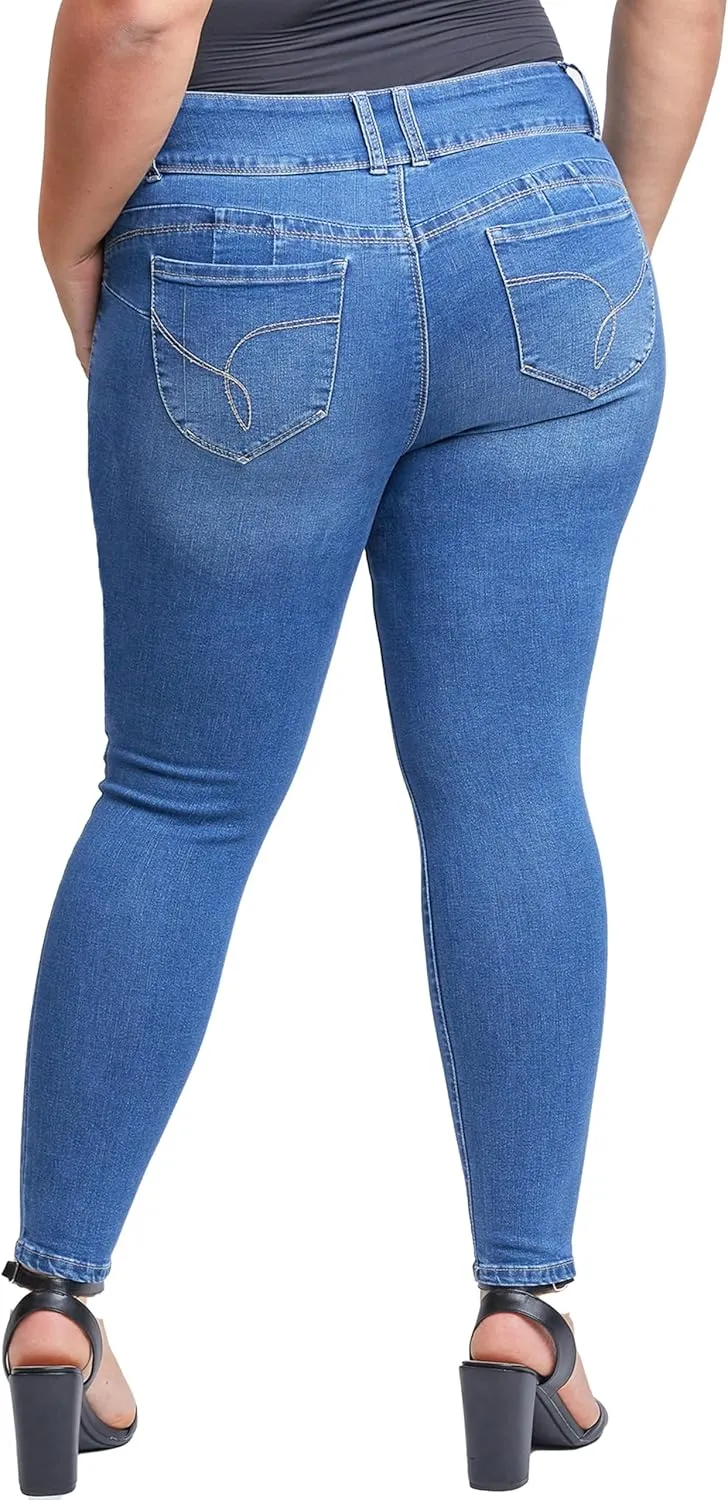 YMI Women's Junior Mid-Rise Wannabettabutt 3-Button Recycled Fibers Skinny Jeans