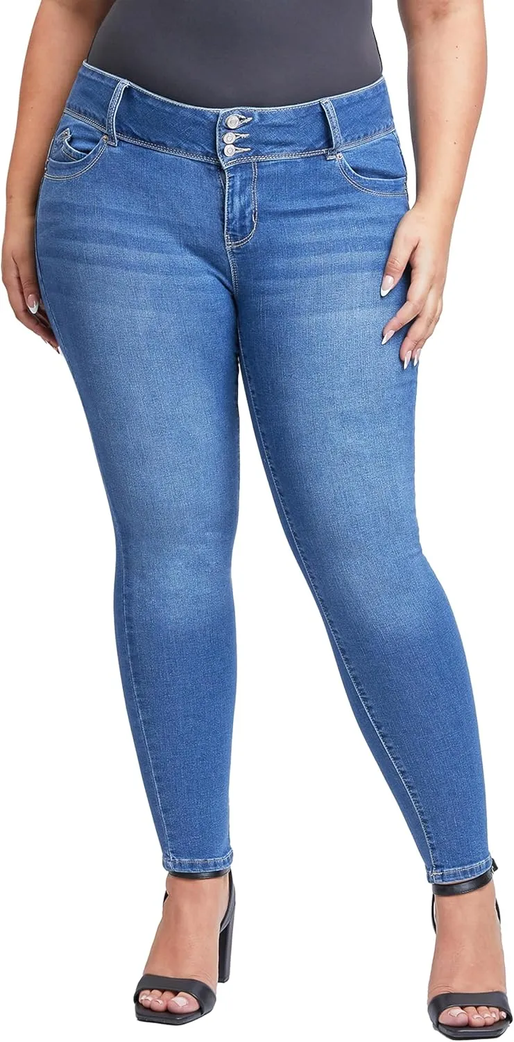 YMI Women's Junior Mid-Rise Wannabettabutt 3-Button Recycled Fibers Skinny Jeans