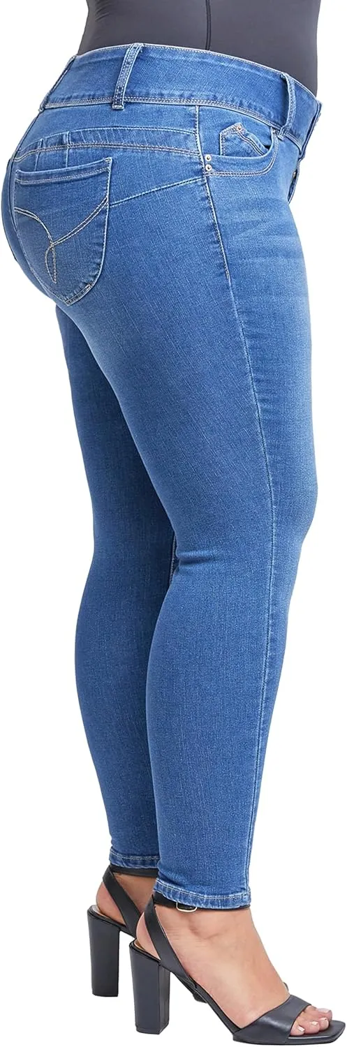 YMI Women's Junior Mid-Rise Wannabettabutt 3-Button Recycled Fibers Skinny Jeans