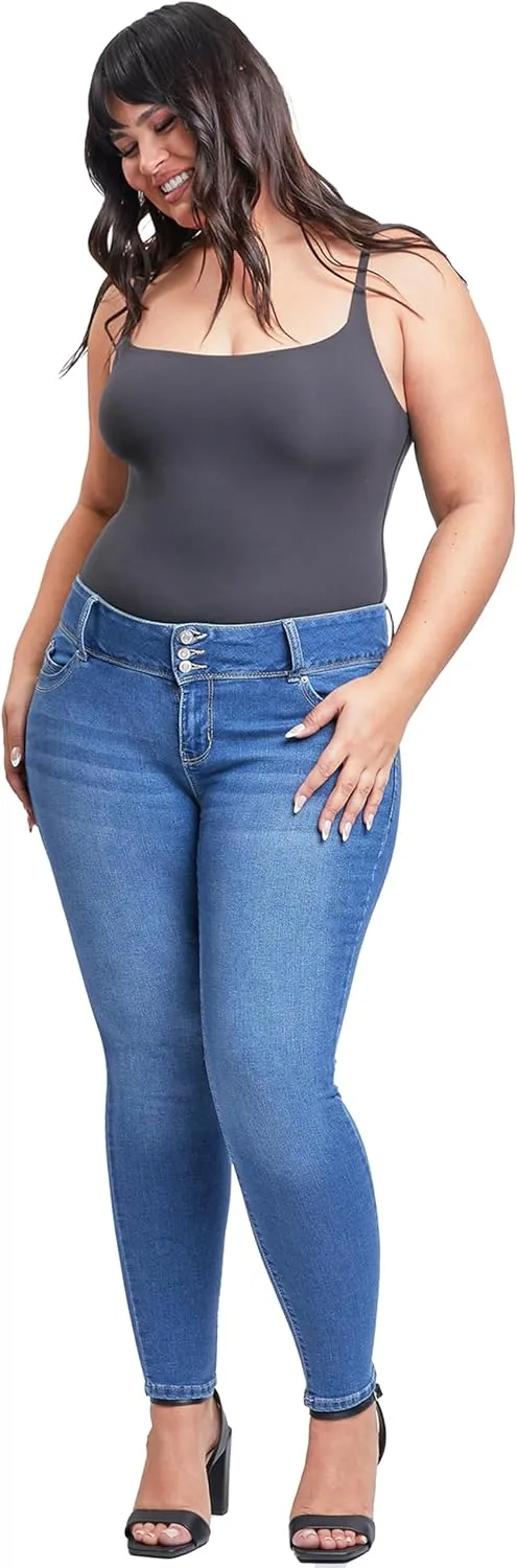YMI Women's Junior Mid-Rise Wannabettabutt 3-Button Recycled Fibers Skinny Jeans