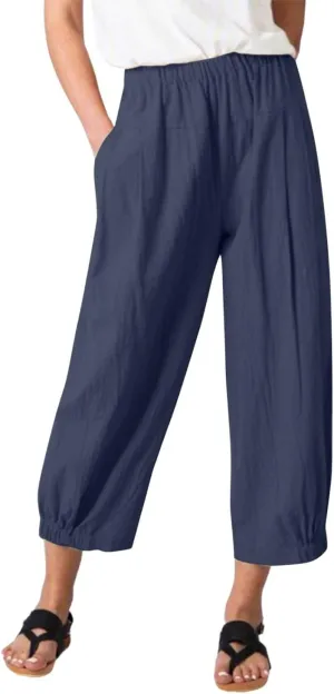 yoeasy Women's Linen Ankle Capris Trousers Loose Comfy Lounge Elastic Waist Pants with Pockets