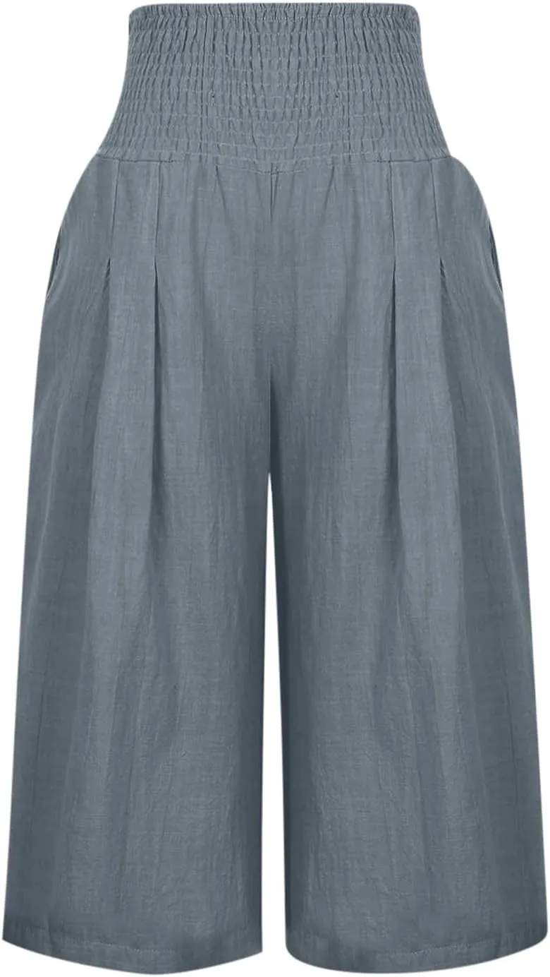 YRAETENM Women's Summer Linen Pants Casual Elastic Waisted Bohemian Capris Trousers Loose Comfy Wide Leg Pants with Pockets