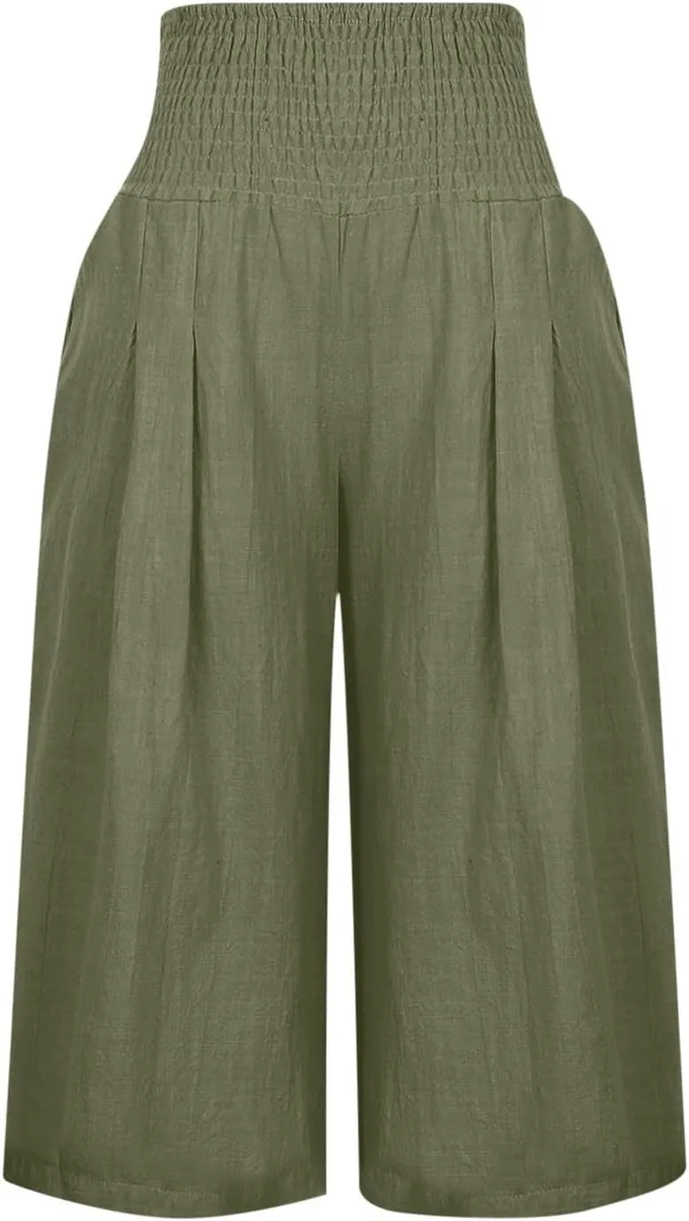 YRAETENM Women's Summer Linen Pants Casual Elastic Waisted Bohemian Capris Trousers Loose Comfy Wide Leg Pants with Pockets