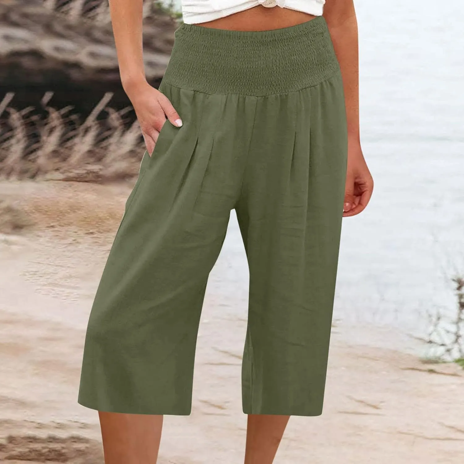 YRAETENM Women's Summer Linen Pants Casual Elastic Waisted Bohemian Capris Trousers Loose Comfy Wide Leg Pants with Pockets