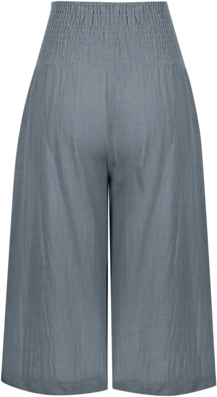 YRAETENM Women's Summer Linen Pants Casual Elastic Waisted Bohemian Capris Trousers Loose Comfy Wide Leg Pants with Pockets
