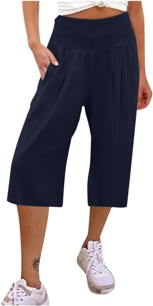 YRAETENM Women's Summer Linen Pants Casual Elastic Waisted Bohemian Capris Trousers Loose Comfy Wide Leg Pants with Pockets