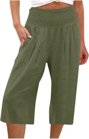 YRAETENM Women's Summer Linen Pants Casual Elastic Waisted Bohemian Capris Trousers Loose Comfy Wide Leg Pants with Pockets